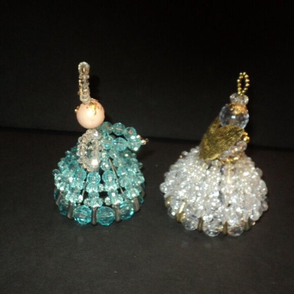 Set of 2 Beaded Angels Handmade Vintage Clear & Blue Christmas Ornaments - Picture 4 of 4